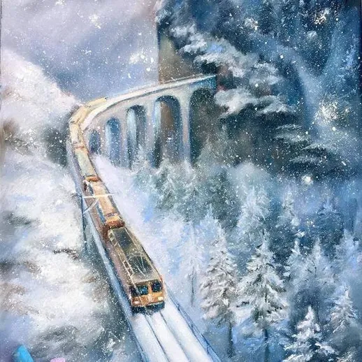 Зимний поезд проходит через горный мост в заснеженном лесу