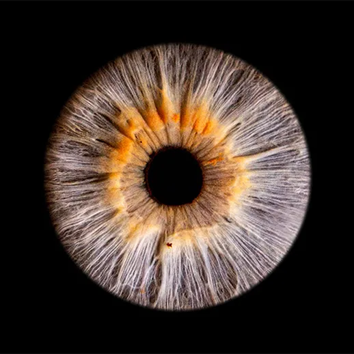 Увеличенное изображение глаза с детализированным радужным слоем и яркими оттенками в темном фоне