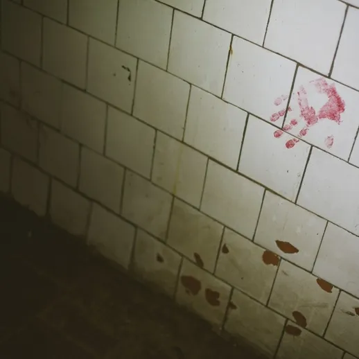 На старой кирпичной стене видны следы крови, намекающие на происшествие в запущенном помещении