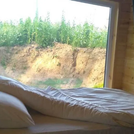 Уютная спальня с большим окном и видом на зелёные растения в солнечное время суток