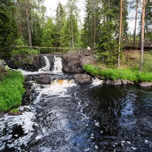 Живописный водопад среди леса с мостиком на фоне зелёных холмов в солнечное время суток