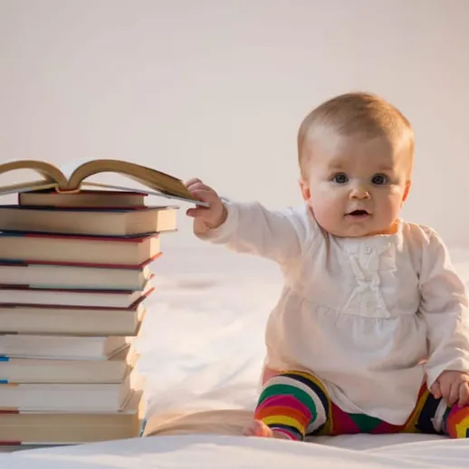Маленький ребенок в ярких колготках тянет книгу с высокой стопки на белом фоне в уютной обстановке