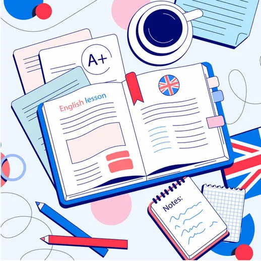 Уроки английского языка с учебниками и канцелярией на столе в уютном кабинете в светлое время дня