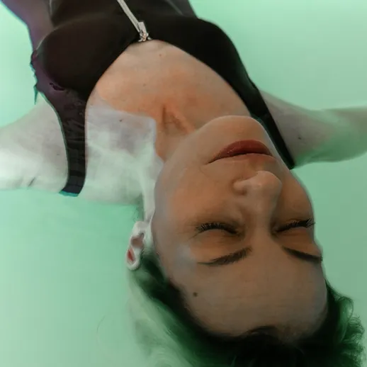 Женщина плавает в воде с зелёным оттенком в расслабляющей позе, наслаждаясь моментом покоя