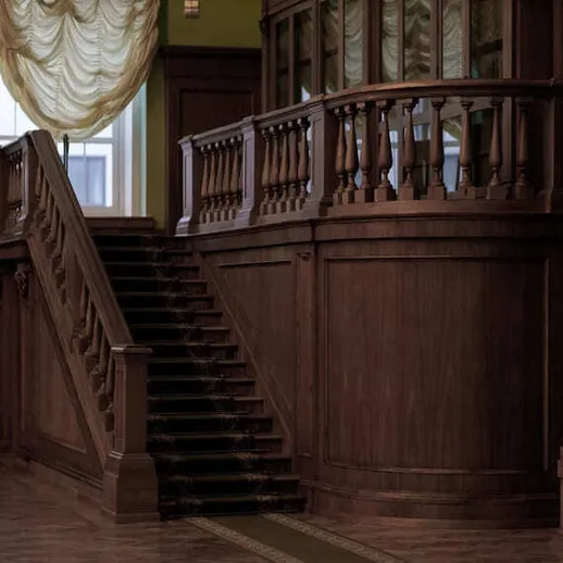 Красивая деревянная лестница в элегантном интерьере старинного здания с окнами на улицу