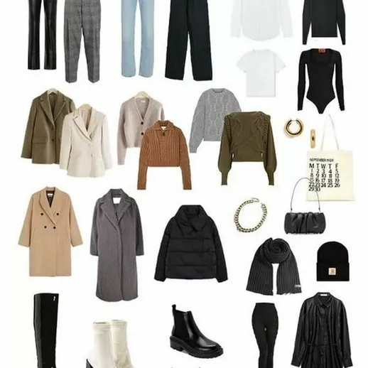 Ассортимент женской одежды на белом фоне, включающий разные стили и фасоны для осеннего сезона