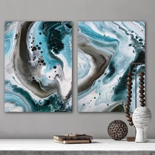 Абстрактные картины в интерьере с синими и черными оттенками на стене в современном дизайне