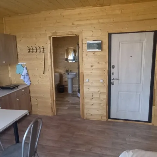 Уютный интерьер деревянного домика с кухней и ванной в современном стиле