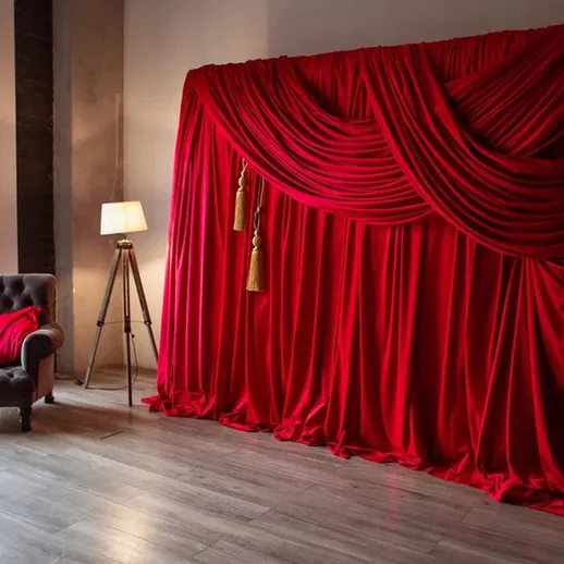 Красное бархатное оформление в уютном интерьере с креслом и лампой