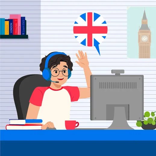 Ученик приветствует учителя во время онлайн-занятия английским языком в уютном кабинете