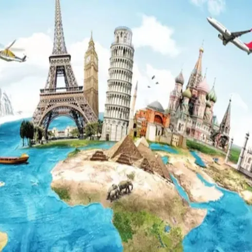 Мировые достопримечательности на фоне глобуса с символами известных мест и транспортом