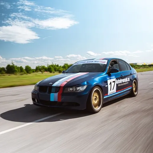 Спортивный автомобиль на трассе: динамичный заезд с солнечным небом и зелеными полями вокруг