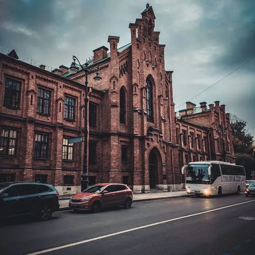 Уютная улица с историческим зданием и автобусом в сером небе