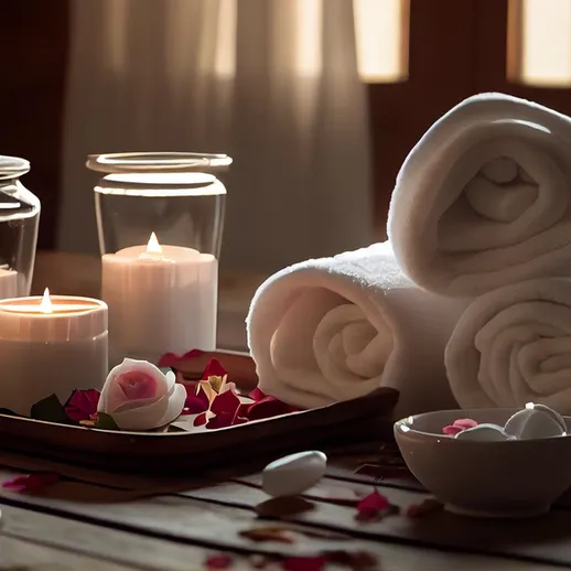 Уютная туалетная принадлежность с свечами и полотенцами, украшенная лепестками роз в спа-салоне