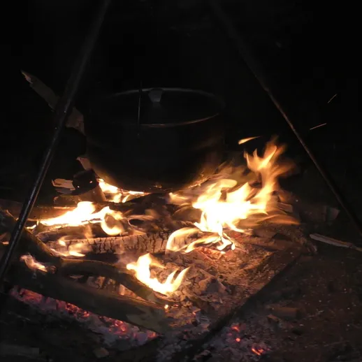 Костер горит под звёздным небом, создавая атмосферу уюта и тепла в кемпинге поздним вечером