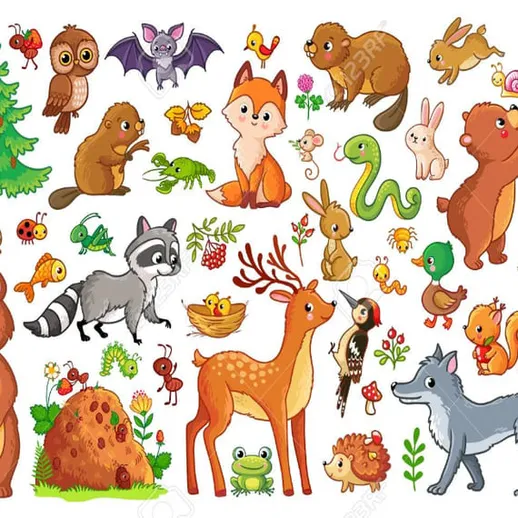 Лесные животные и растения в ярком мультяшном стиле, изображение природы в лесу