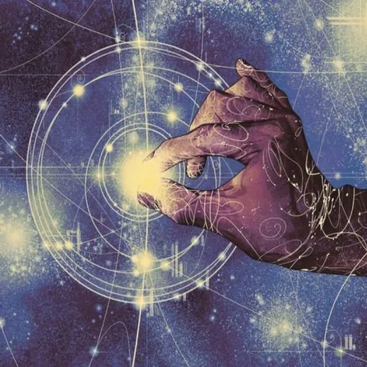 Рука, касающаяся светил в космосе, символизирующая связь человека с вселенной и наукой