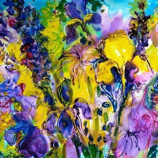 Яркие цветы на картине с оттенками желтого, фиолетового и синего, изображающие весеннее цветение в саду
