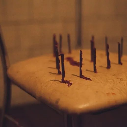 Стул с гвоздями на сиденье в темной комнате, создающий атмосферу тревоги и мистики