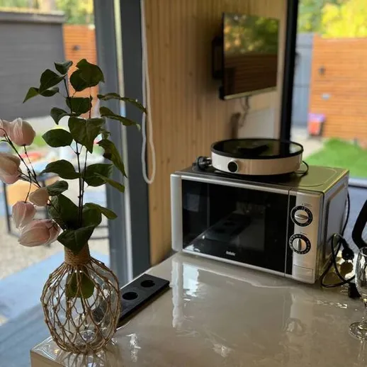 Кухонный уголок с микроволновкой и букетом цветов в современном загородном доме