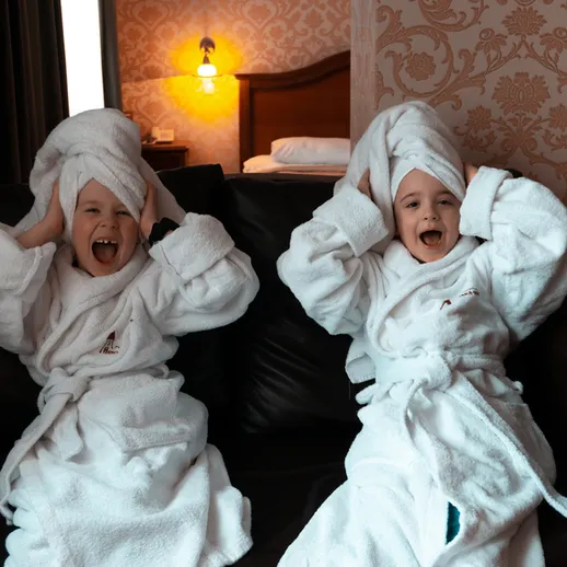 Два ребенка в банных халатах смеются и играют на диване в гостинице вечером