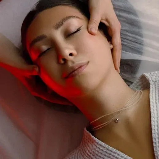 Женщина получает расслабляющий массаж лица в уютном помещении с мягким освещением