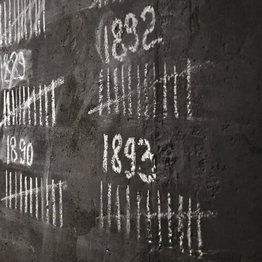 Записи с отметками времени на стене, сделанные белой мелом в старом помещении, вероятно, XIX века