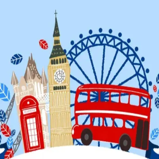 Лондонские достопримечательности на фоне голубого неба с красным автобусом и знаменитым колесом обозрения