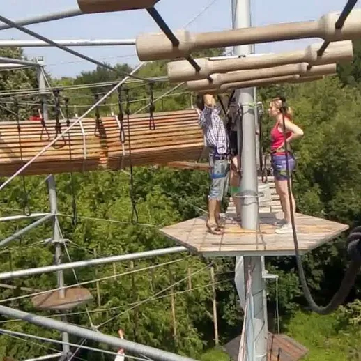 Во время приключенческого парка группа людей преодолевает препятствия на высоте среди зелени деревьев в солнечный день