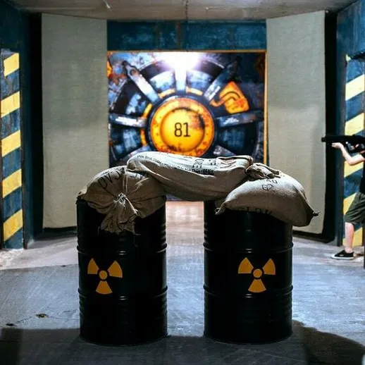 Заброшенный подземный бункер с радиоактивными контейнерами и игровыми элементами на заднем плане