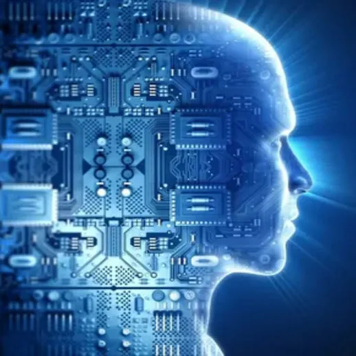 Изображение головы, разделенной на профиль человека и синюю электронную схему