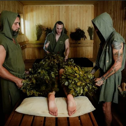 В русской бане три человека проводят традиционную парную процедуру с веником на загорелом телесном фоне