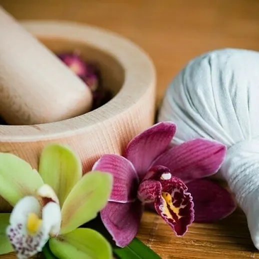 Традиционные лечебные растения и инструменты в деревенском стиле для натёрки в спа-салоне