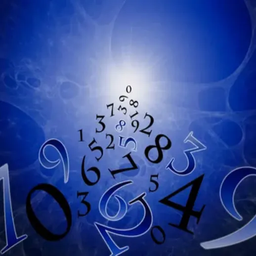 Абстрактная композиция с вылетающими числами на синем фоне, символизирующая математическую концепцию и загадочность чисел
