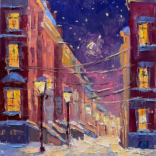 Ночной зимний пейзаж с освещёнными окнами на улицах города