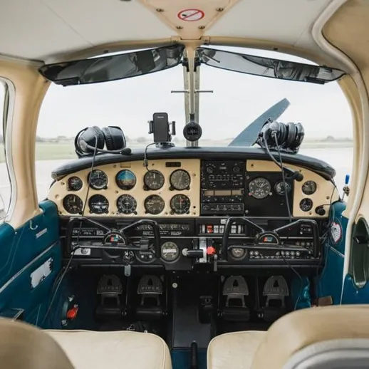 Консоль управления небольшого самолета с панелью приборов и креслами для пилотов