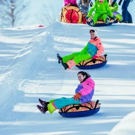 Счастливые люди катаются на тюбах с холма в зимнем спортивном комплексе