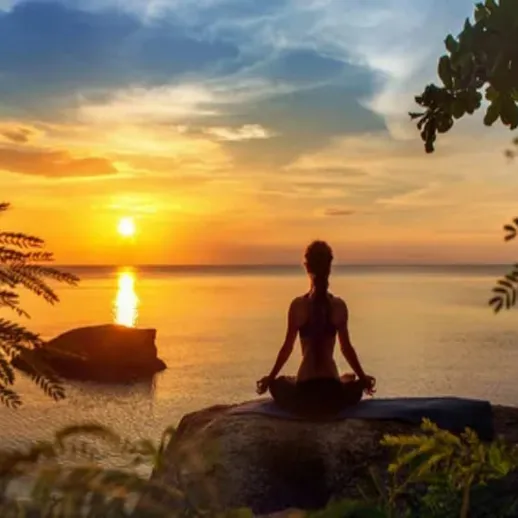 Уединённая медитация на побережье во время заката с видом на океан и зелёные растения