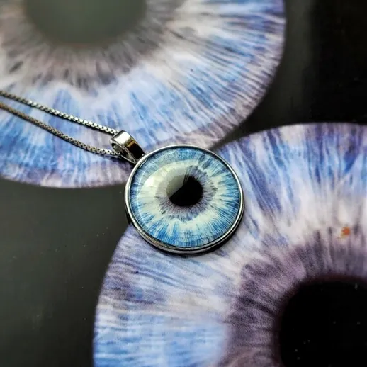 Изображение кулона с глазом, на фоне двух крупных глаз, снято в помещении при естественном освещении