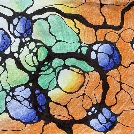 Абстрактный рисунок с использованием ярких цветов и сложных форм в теплых тонах