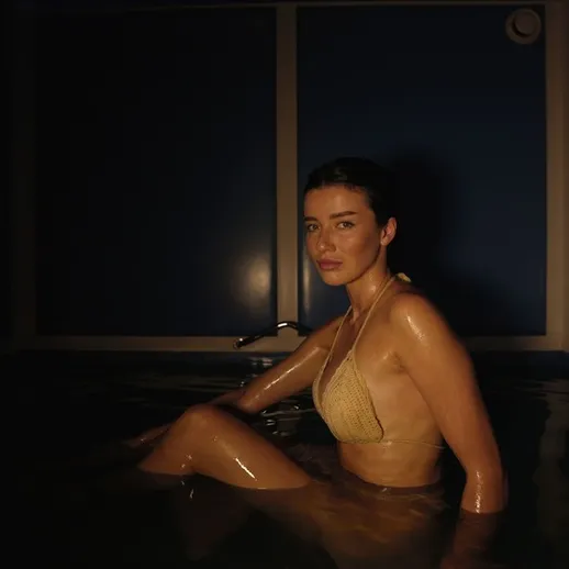 Женщина расслабляется в бассейне с теплой водой в уютном помещении при приглушенном свете