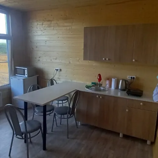 Уютная кухня в деревянном доме с современным оборудованием и большими окнами