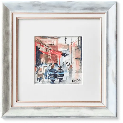 Акварельный рисунок уличного кафе в Сиэтле с посетителями и яркими зонтиками в солнечный день