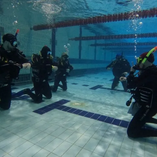 Группа водолазов выполняет тренировку под водой в бассейне, изучая навыки безопасного погружения