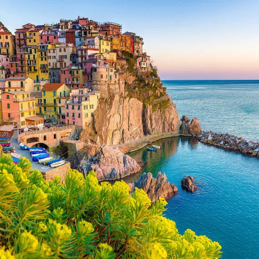 Живописный прибрежный город с яркими домами и лазурным морем на закате в Италии