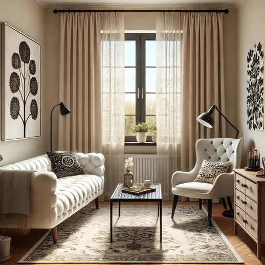 Уютная гостиная с белым диваном и светлыми шторами в солнечный день