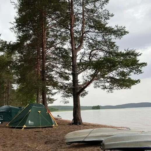 Уютный кемпинг у озера в лесу, палатки на берегу и лодки на песчаном пляже в пасмурный день