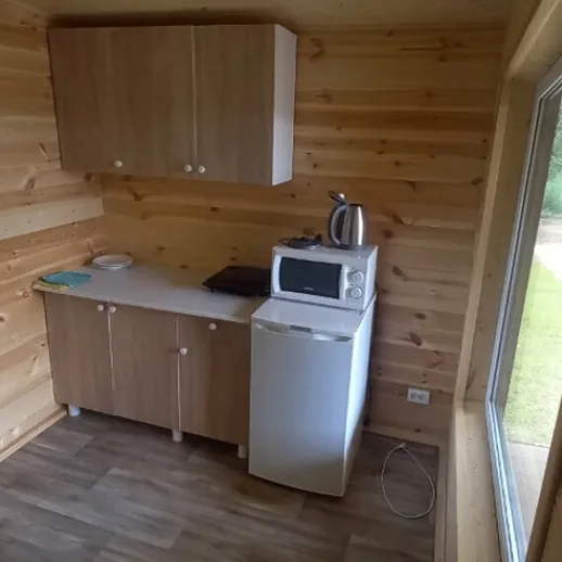 Уютная кухня в деревянном доме с техникой и окном на природу