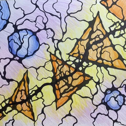 Абстрактный рисунок с оранжевыми треугольниками и синими шарами на светлом фоне