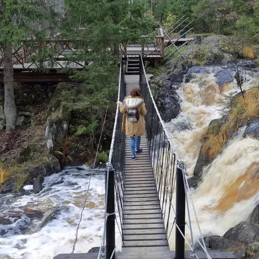 Пешеходный мост через бурную реку в лесной местности осенью
